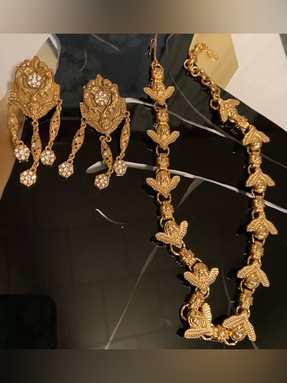 Fanstar Antique Gold Cherub Earrings & Kirks Folly Cherub Link Necklace Set #40